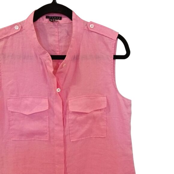 Theory Womens Linen Top Tank Medium Bright Pink Pockets Button Up Hidden Placket - Picture 3 of 12